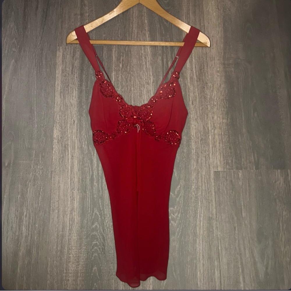 Vintage‎ Lucie Ann Red Sheer Slip Dress Lace Beaded Size M